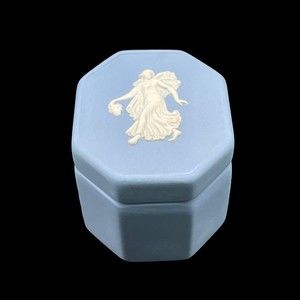 Vintage Wedgwood Blue White Octagon Woman Trinket Box